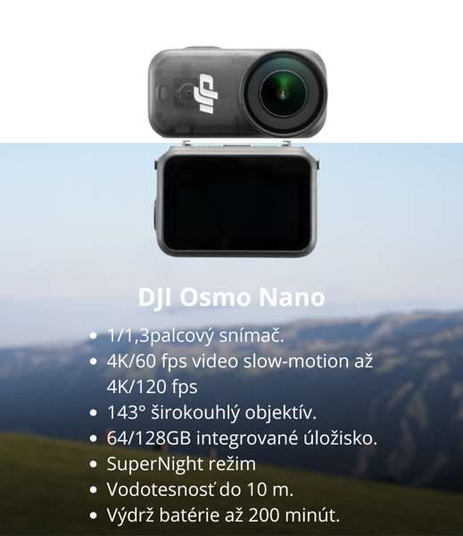 DJI Osmo Nano - akčná 4K kamera na zábery s POV pohľadom. Vstavaná pamäť, vodotesná a super nočný režim|Xtreme.sk
