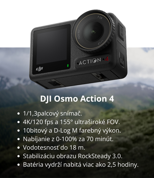 DJI Osmo Action 4 - akčná kamera s rozlíšením 4K 120fps. Vhodná na špoty, turistiky, bicyklovanie. Má magnetické úchytenie|Xtreme.sk