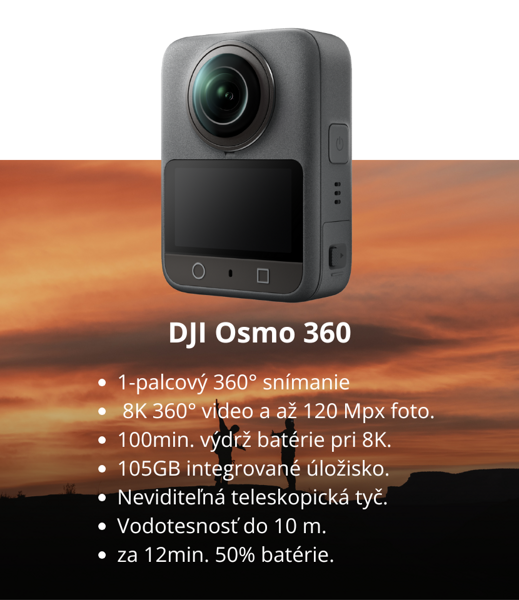 DJI Osmo 360 je kamera zachytávajúca 360 stupňové video, s ktorým Vám žiadny okami neunikne.